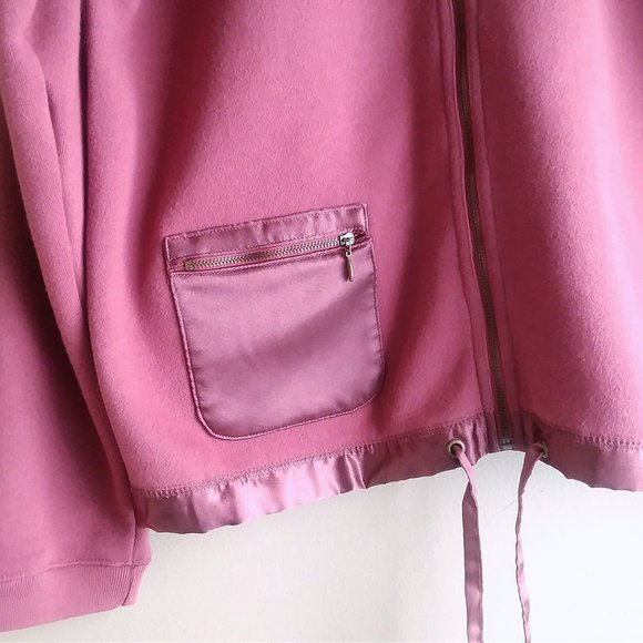 Denim & Co. Burgundy Zip Up  Hoodie Sweatshirt with Satin Hood, Pocket, and Ties - Picture 5 of 9